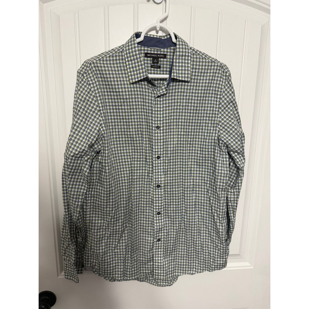 Michael Kors Button Down Shirt Mens Medium Blue Green Plaid Tailored Fit Cotton
